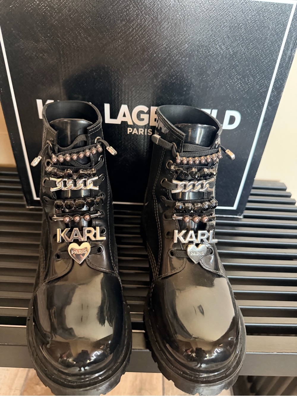 Karl Lagerfeld Black Glossy Patent Combat Boots with Logo Charms
